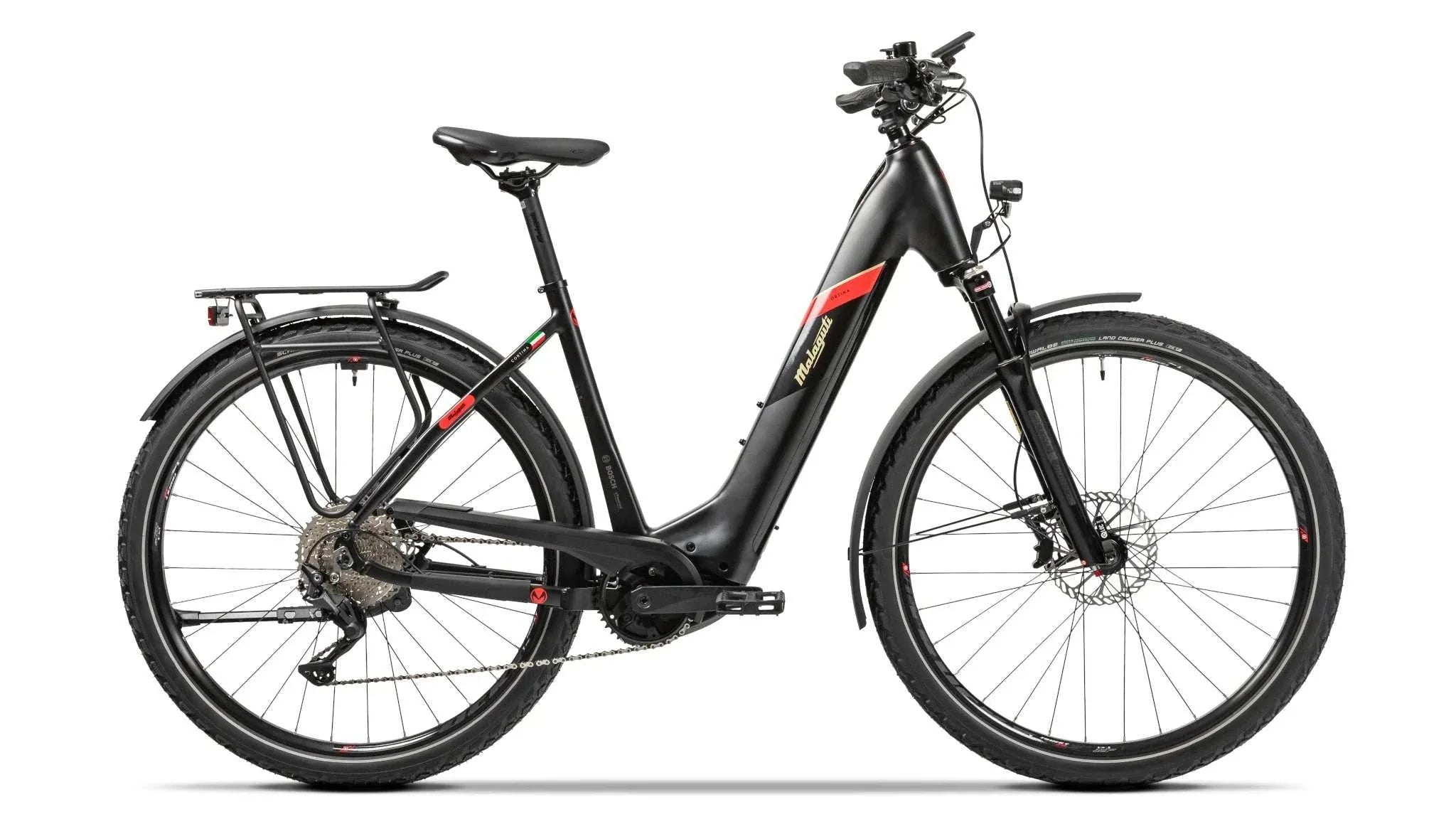 Malaguti Cortina 5.1 electric bike with aluminum frame, Bosch Performance Line CX motor, 750Wh battery, 11-speed Shimano drivetrain, hydraulic disc brakes, and telescopic fork.