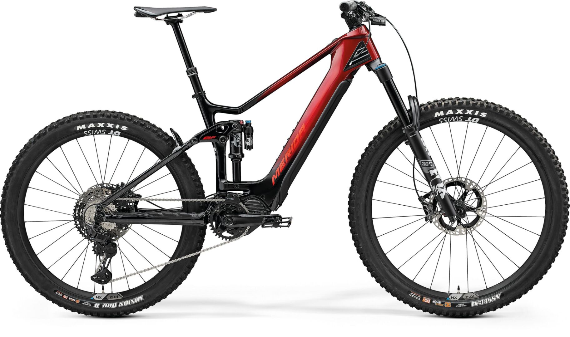 Merida eONE-SIXTY 9000 electric mountain bike in dark strawberry and black gradient with Shimano motor and Fox suspension