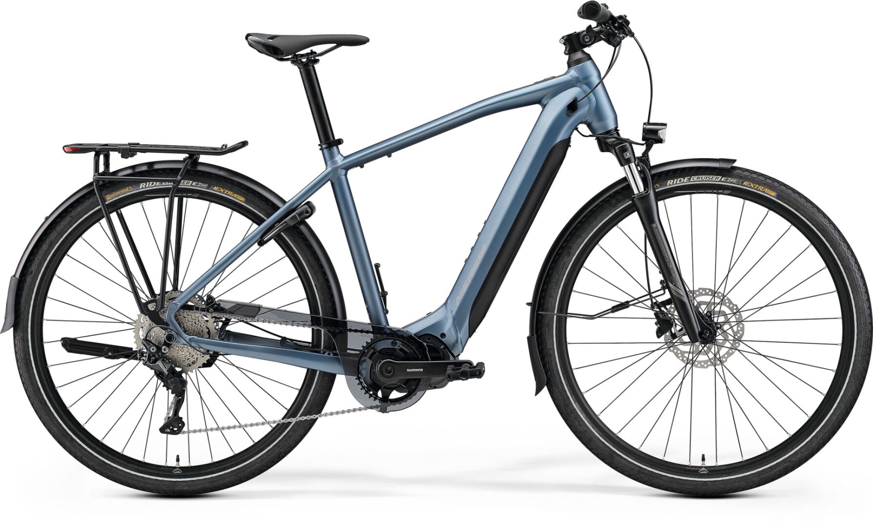 Merida eSPRESSO 500 EQ electric city bike in silk steel blue with Shimano EP6 motor and integrated battery