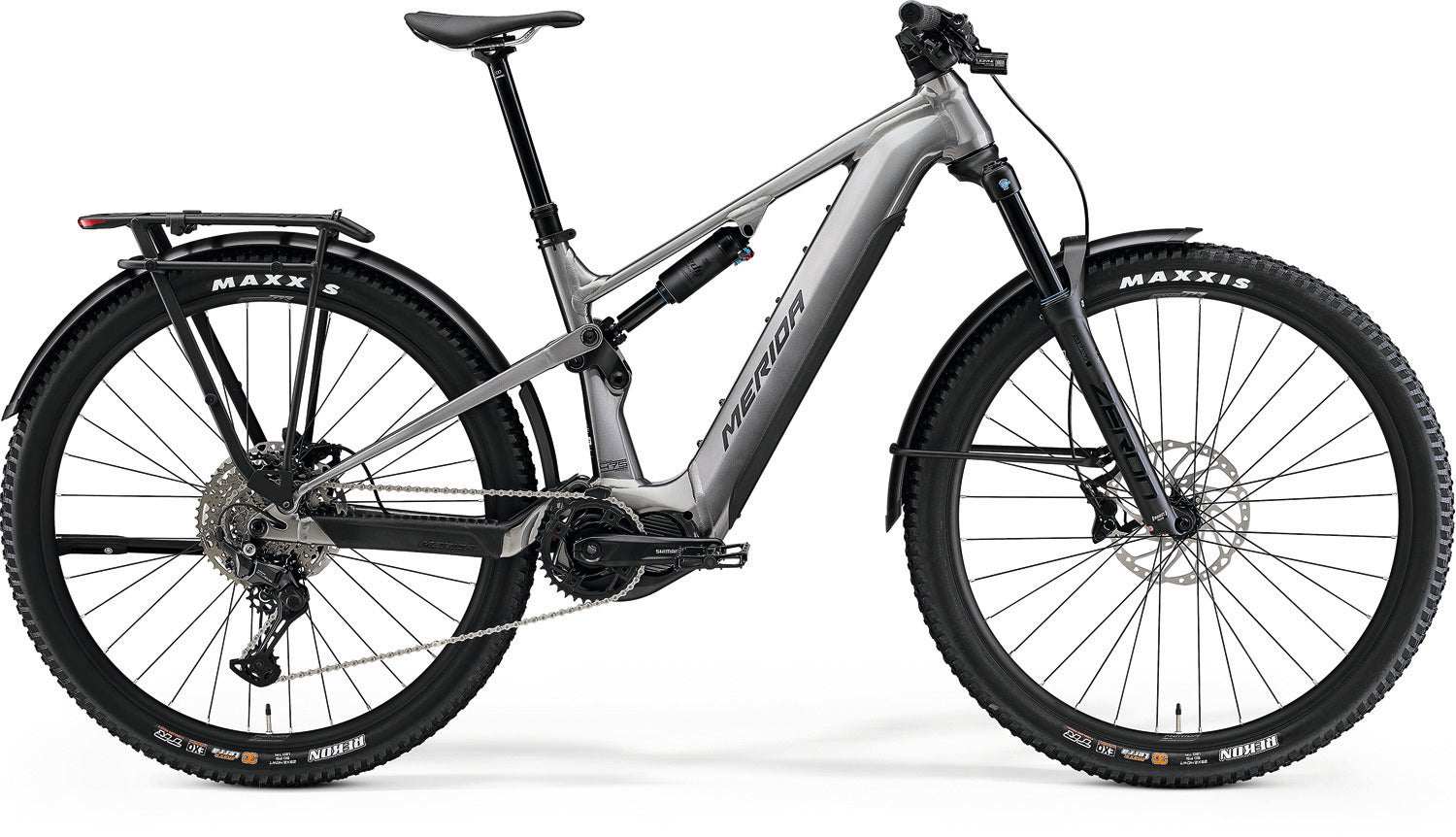 Merida e-one forty metallic gray mountain bike, 29-inch wheels, 2025 aluminum frame.