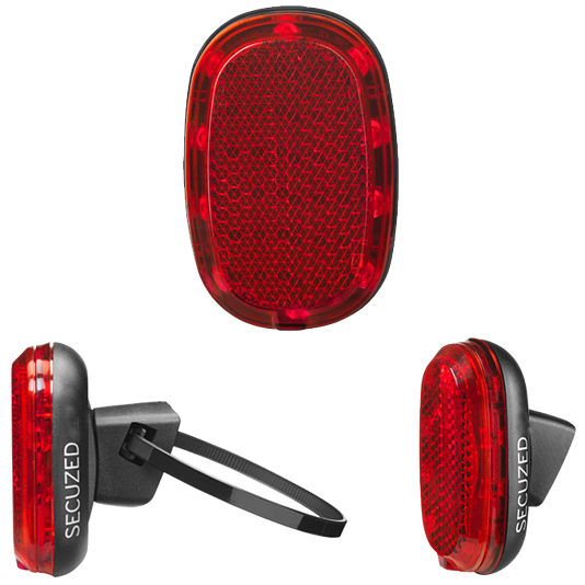 SECUZED compact LED rear light for e-bikes, 6-15V, flexible mounting on mudguard, seat post, seat stays, integrated reflector, high visibility.