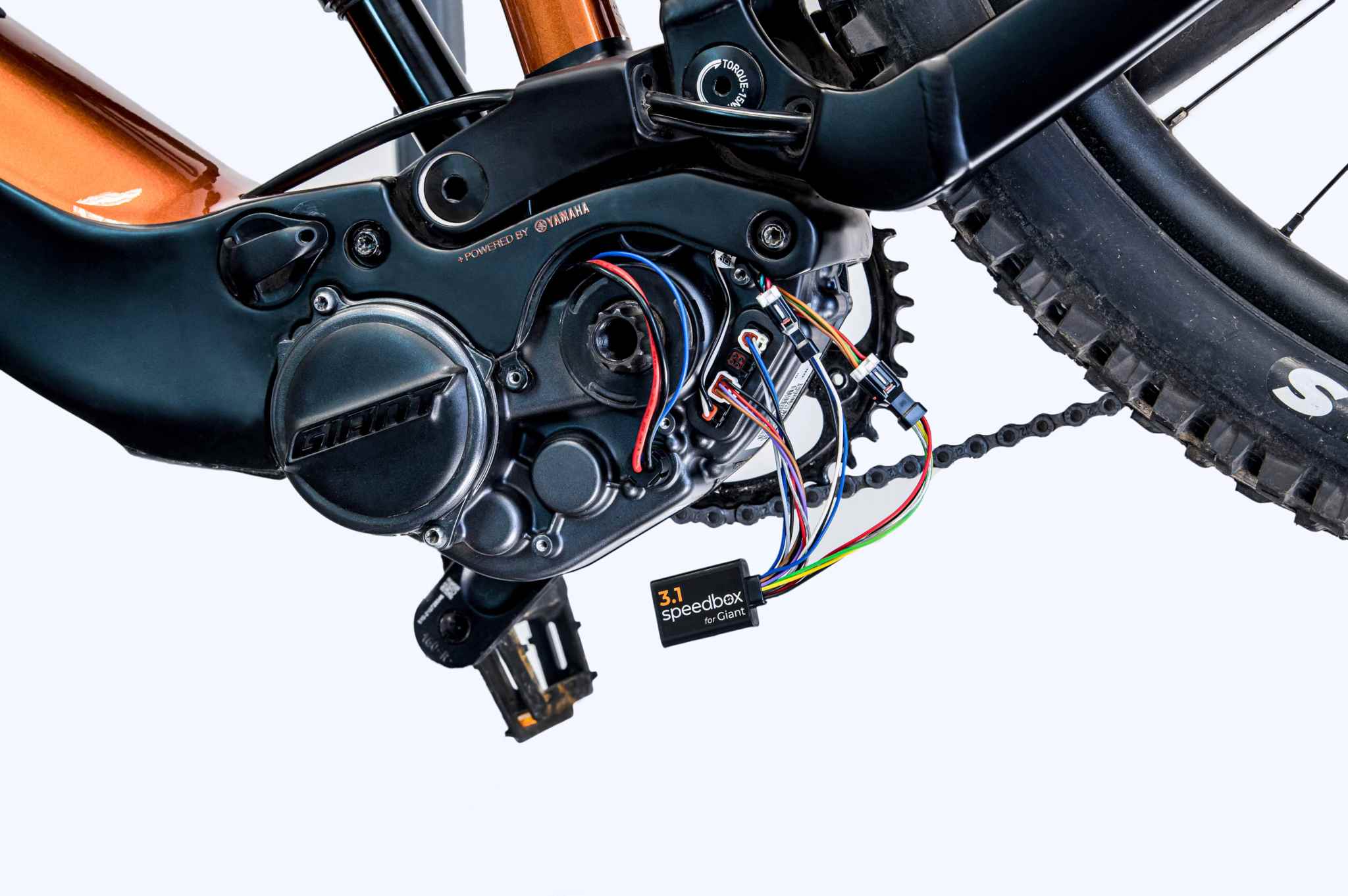 SpeedBox 3.1 module installed on Giant e-bike SyncDrive Pro motor with RideControl Go display for speed limit removal and real-time data display.