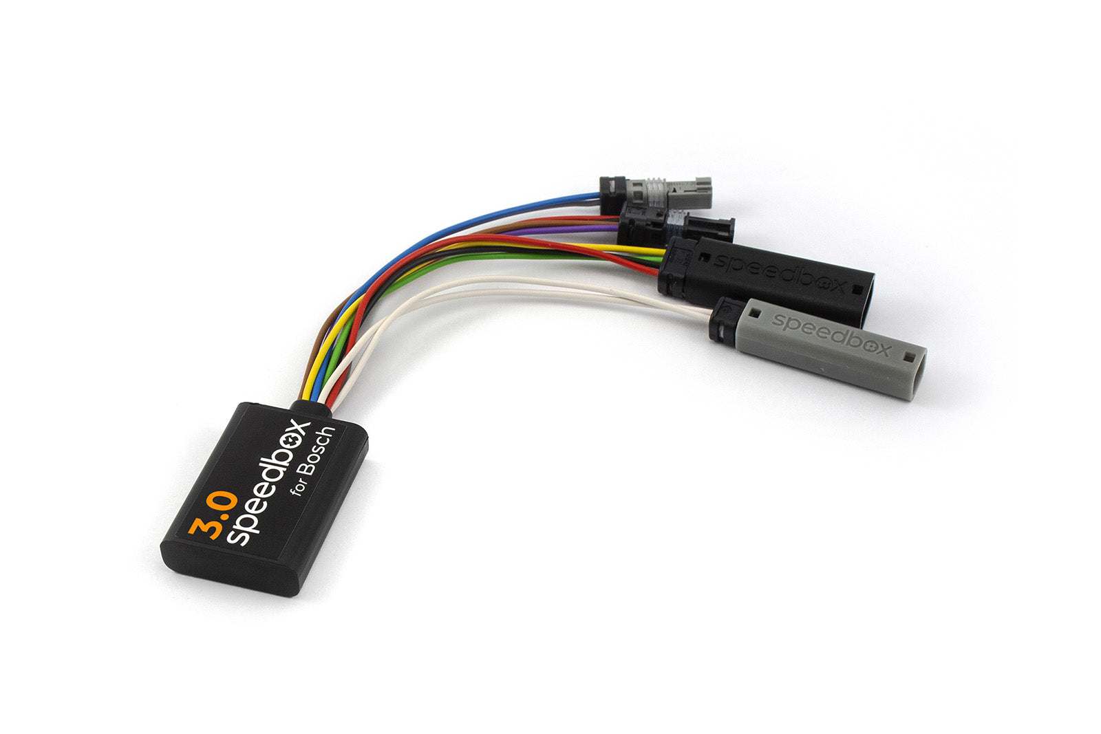 SpeedBox 3.0 Modul für Bosch e-Bike Tuning mit farbcodierten Anschlüssen und einstellbarer Geschwindigkeitsbegrenzung Entfernung