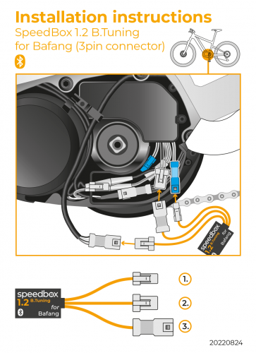 Schema für die Installation des SpeedBox 1.2 B.Tuning-Moduls für Bafang mit 3-poligem Stecker auf einem Elektrofahrrad.