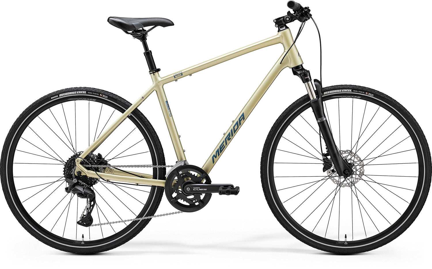 Merida Crossway 300 2024 hybrid bike, champagne and blue color, aluminum frame, 700C wheels, Tektro Draco brakes.