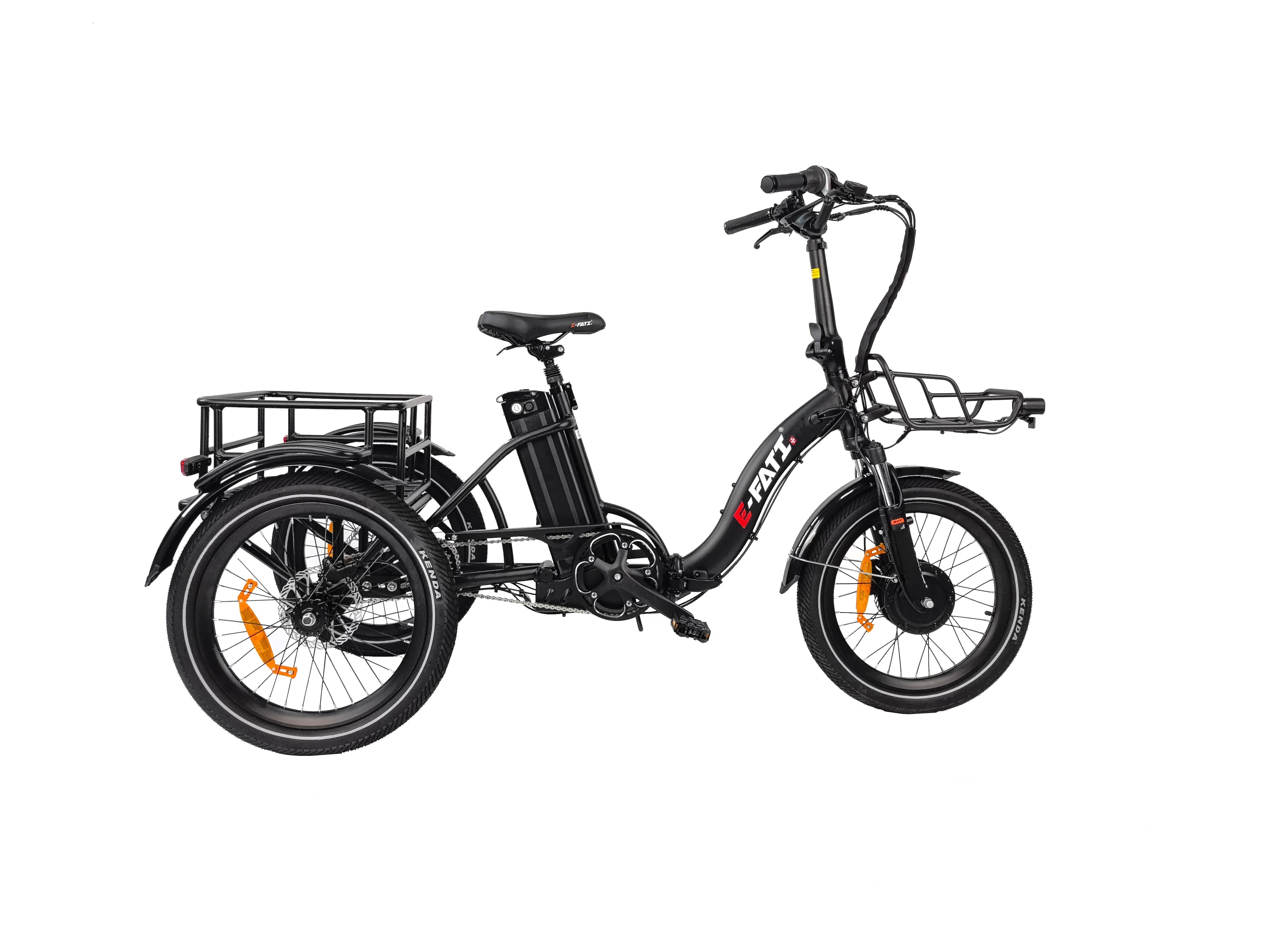 E-FATI TSU black folding electric tricycle with suspension, designed for comfort and maneuverability.
