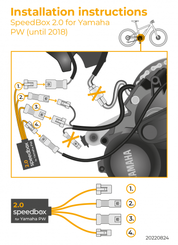 Installation diagram of SpeedBox 2.0 tuning module for Yamaha PW motor bikes until 2018 with labeled connectors and wiring instructions.