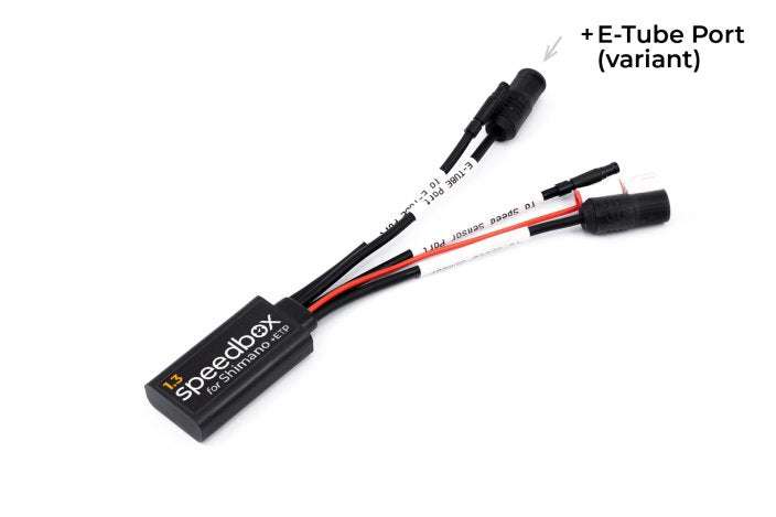 SpeedBox 1.3 unlocking module for Shimano EP8, EP800 and EP8RS motors with color-coded connectors and activation via app or bike display