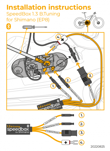 Installation diagram for SpeedBox 1.3 B.Tuning module for Shimano EP8 engine tuning with color-coded connectors and Bluetooth.