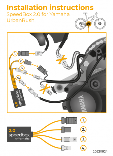 SpeedBox 2.0 installation diagram for Yamaha UrbanRush electric bike tuning module with plug and play connectors.