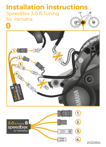 Installation diagram for SpeedBox 3.0 B.Tuning module for tuning Yamaha PW-X, SE, TE, X2 engines on electric bikes.