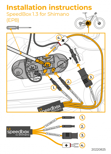SpeedBox 1.3 module for Shimano EP8 e-bike motor installation diagram and connectors illustration